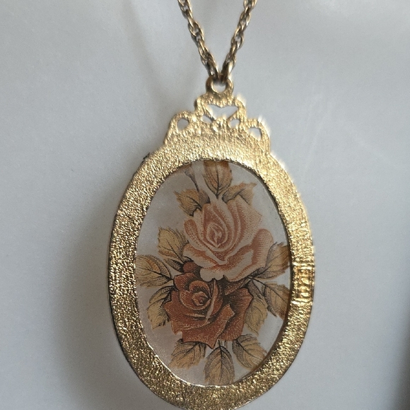 1928 Victorian Revival Transparent Roses Floral Pendant Necklace - Picture 9 of 14